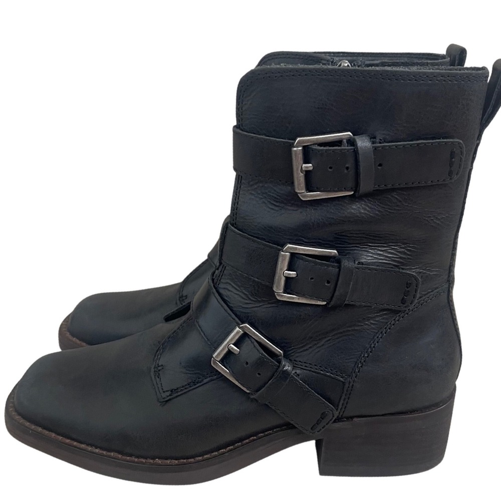 Lucky Brand Katriny Black Leather Triple Buckle Moto Boots Square Toe 7.5M EUC